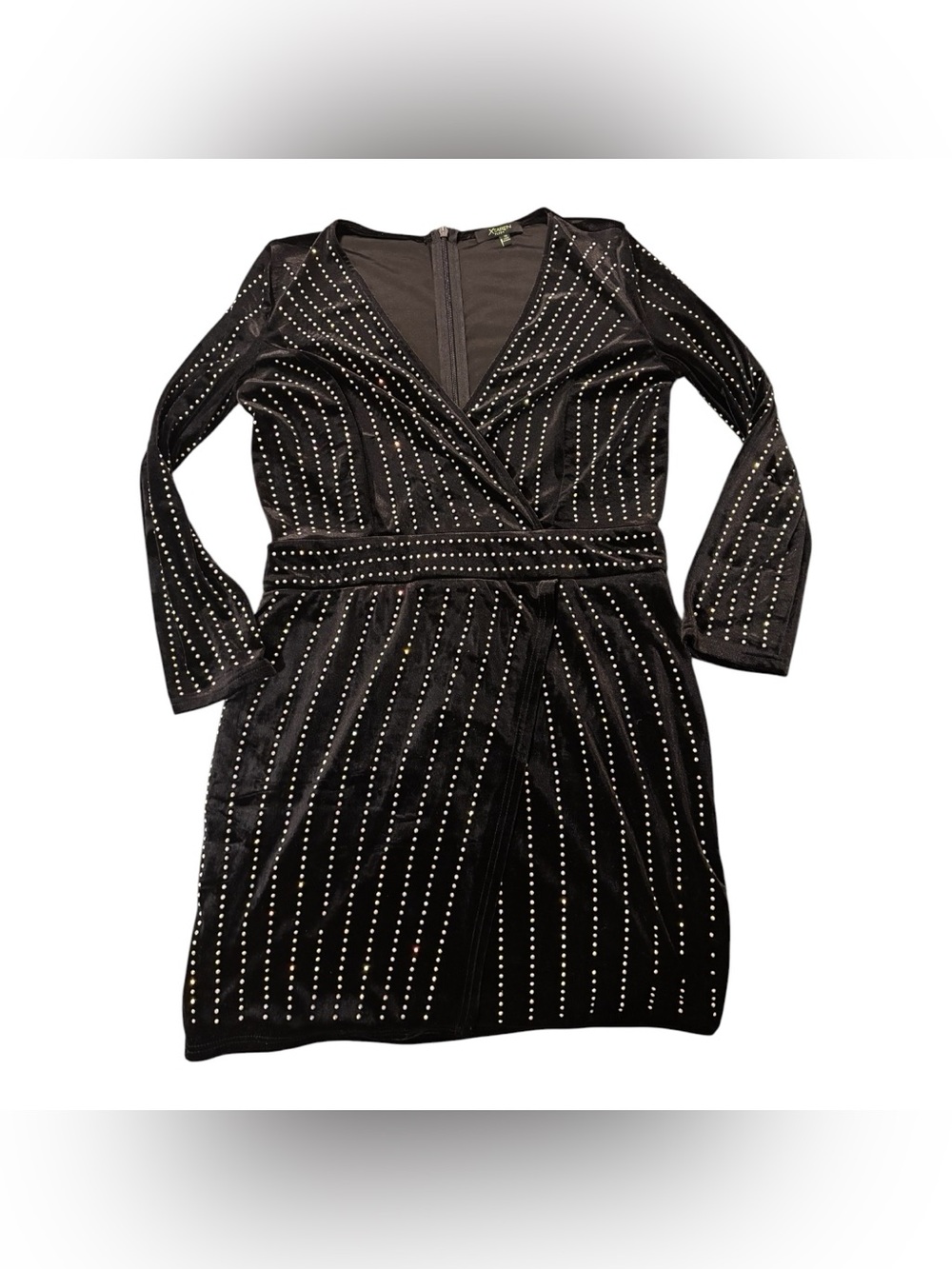 Xtaren Black Velvet Rhinestone Wrap-Style Long Sleeve Dress